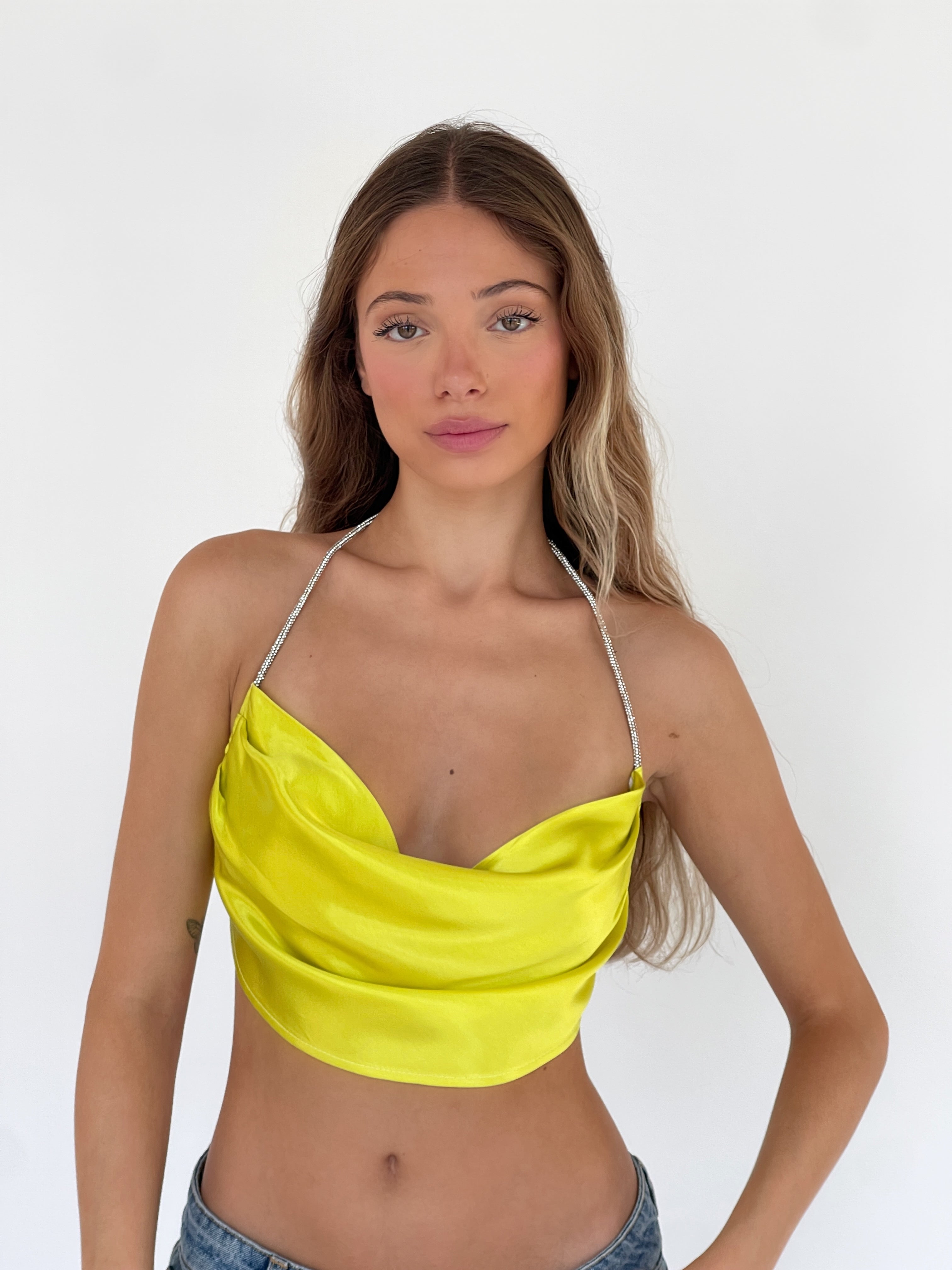 CROPPED TOP WITH DIAMANTE DETAILS IN LIME GREEN
