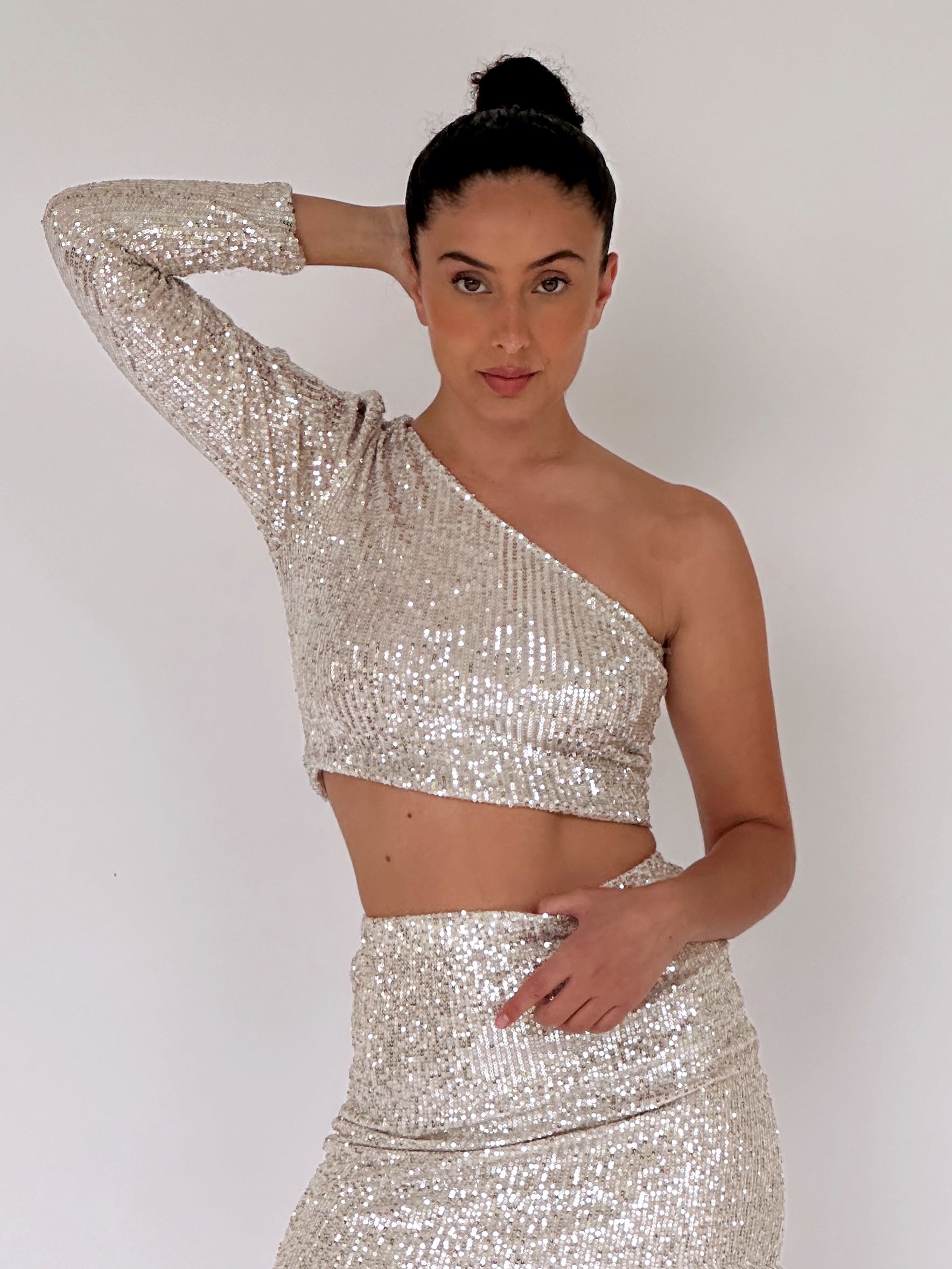 ONE SLEEVE SEQUIN TOP WITH MATCHING SKIRT
