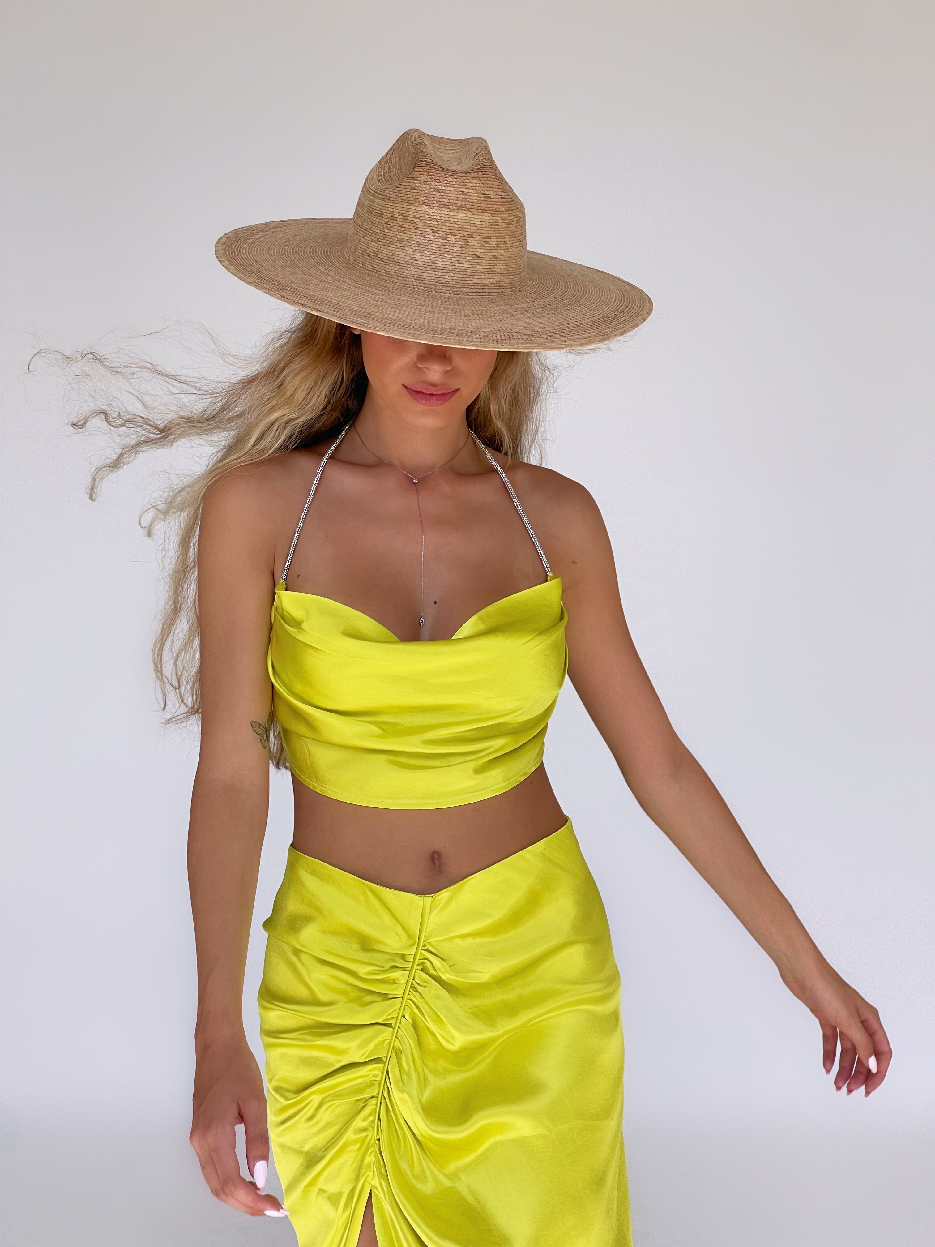 SET-CROPPED SATIN TOP WITH MATCHING SKIRT IN LIME GREEN