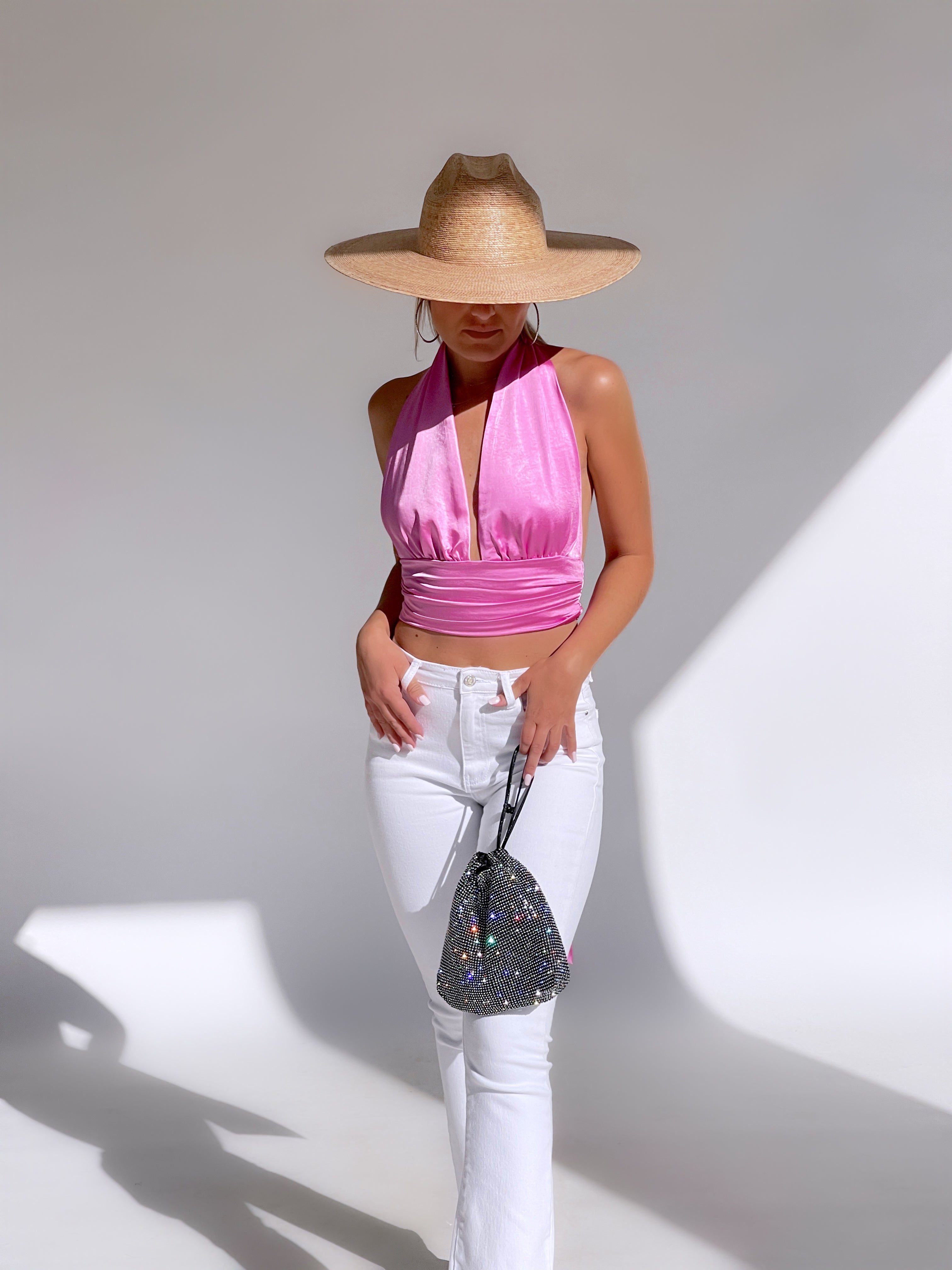 Rebellious Fashion halter neck tie backless top in pink