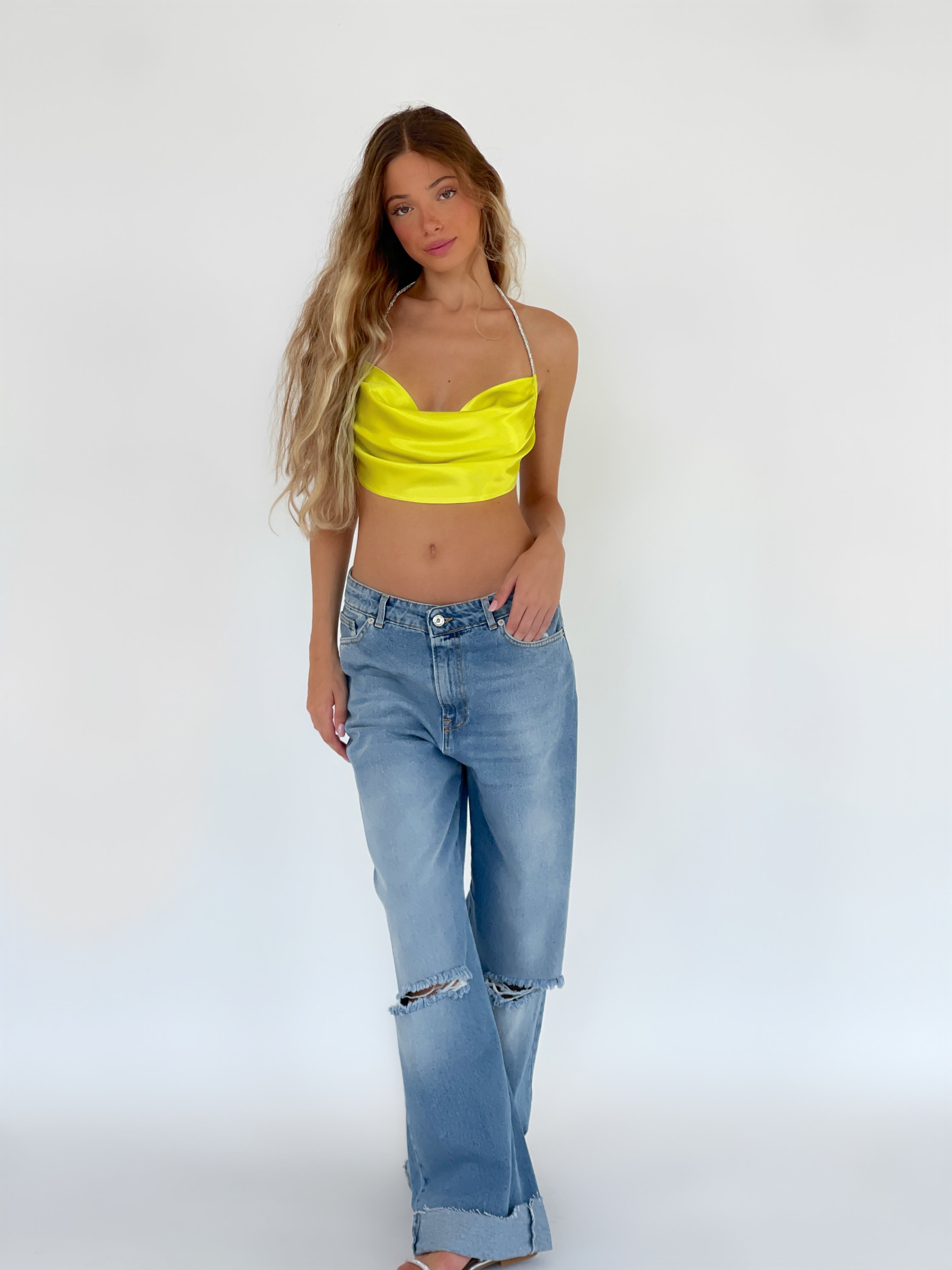 CROPPED TOP WITH DIAMANTE DETAILS IN LIME GREEN