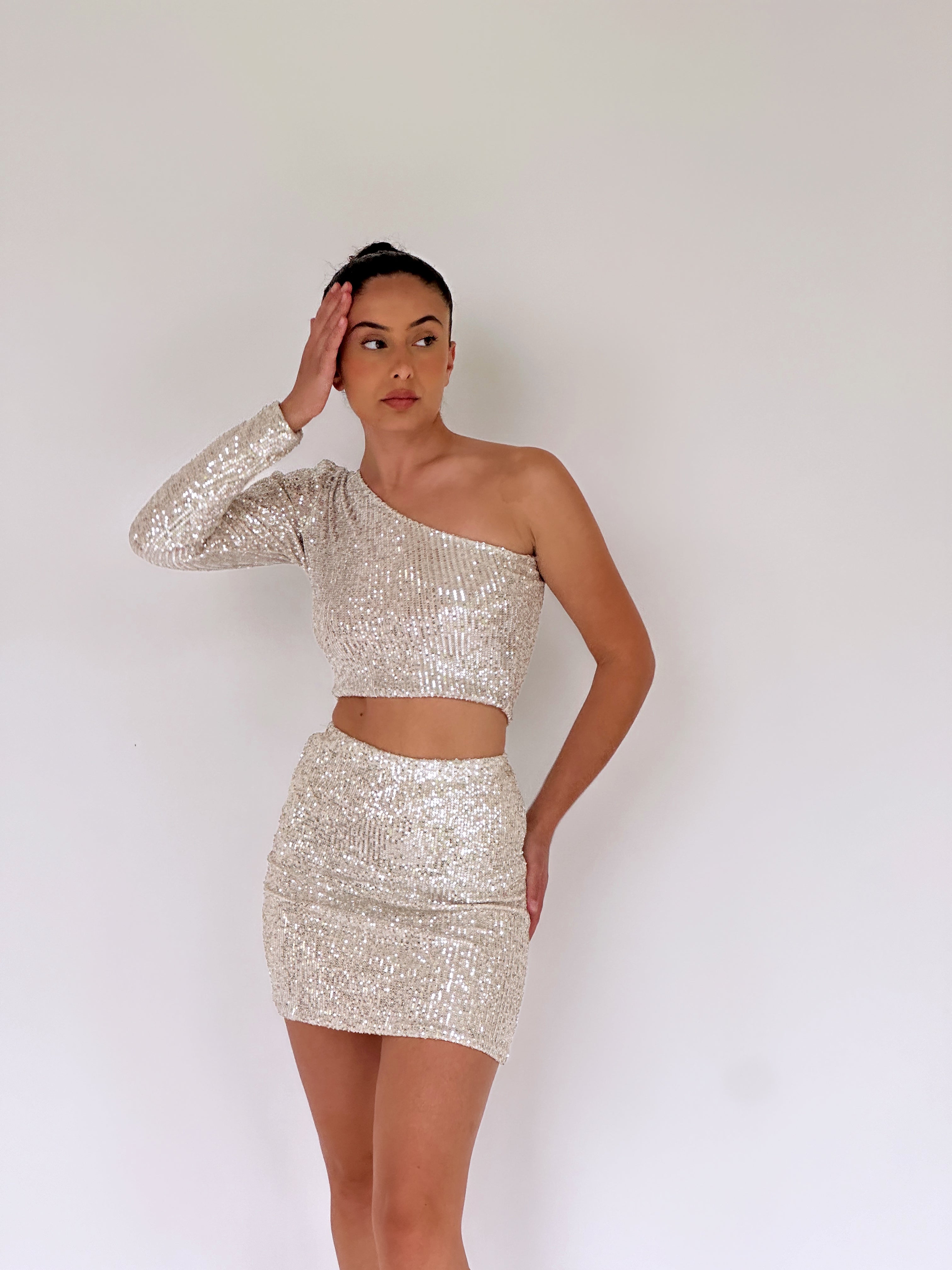 ONE SLEEVE SEQUIN TOP WITH MATCHING SKIRT