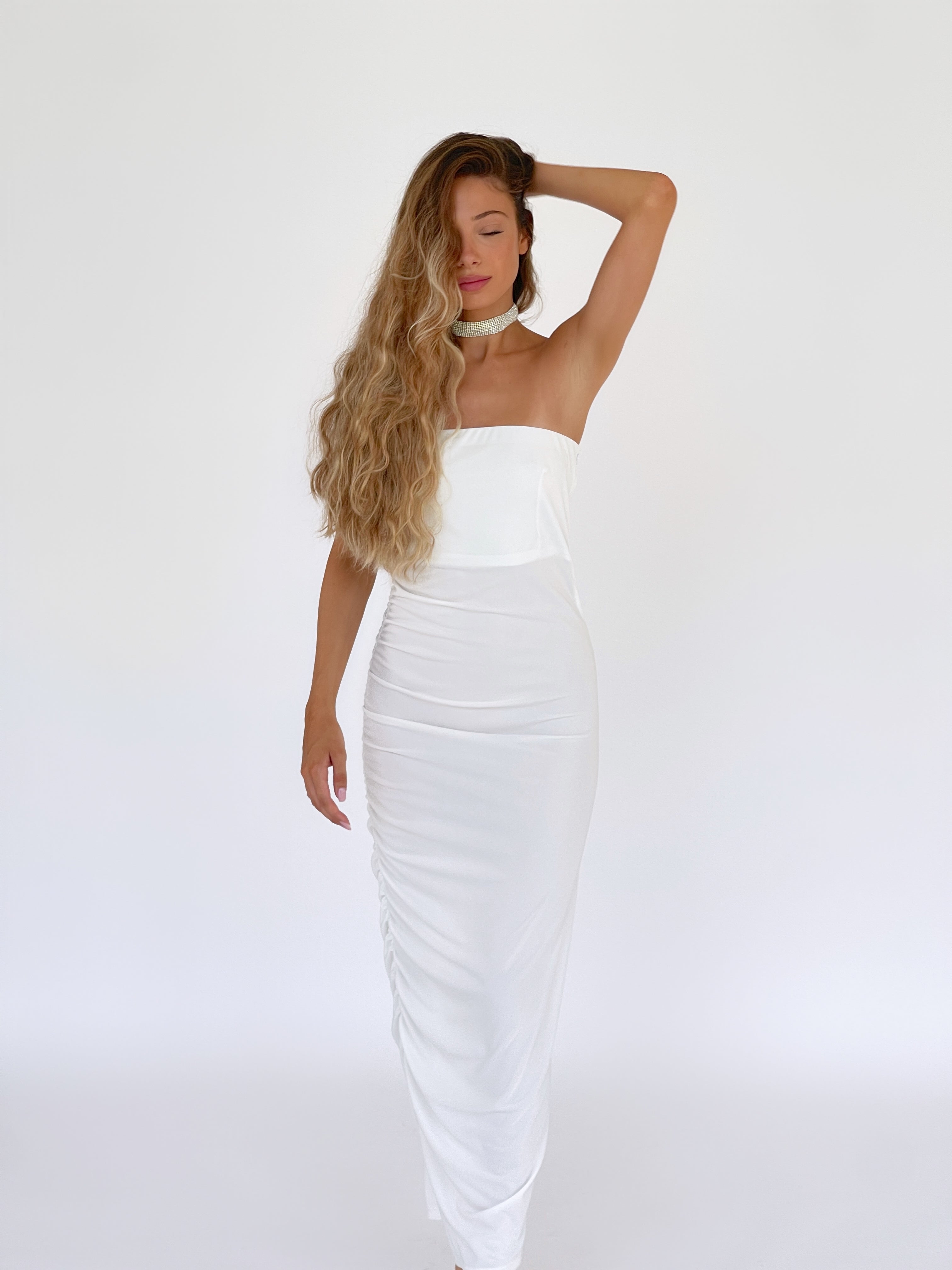 MAXI BANDEAU DRESS WITH RUCHED