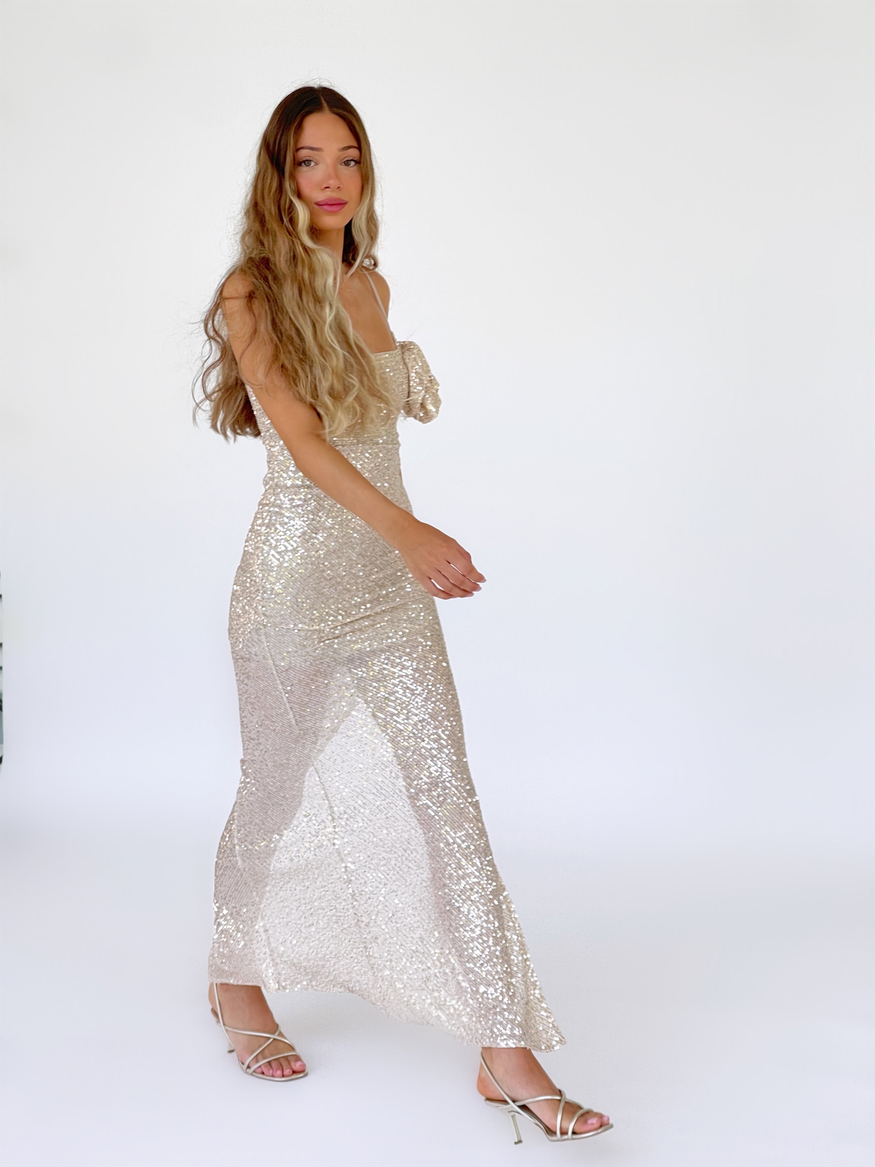 SEQUIN MAXI DRESS WITH FLOWER DETAIL