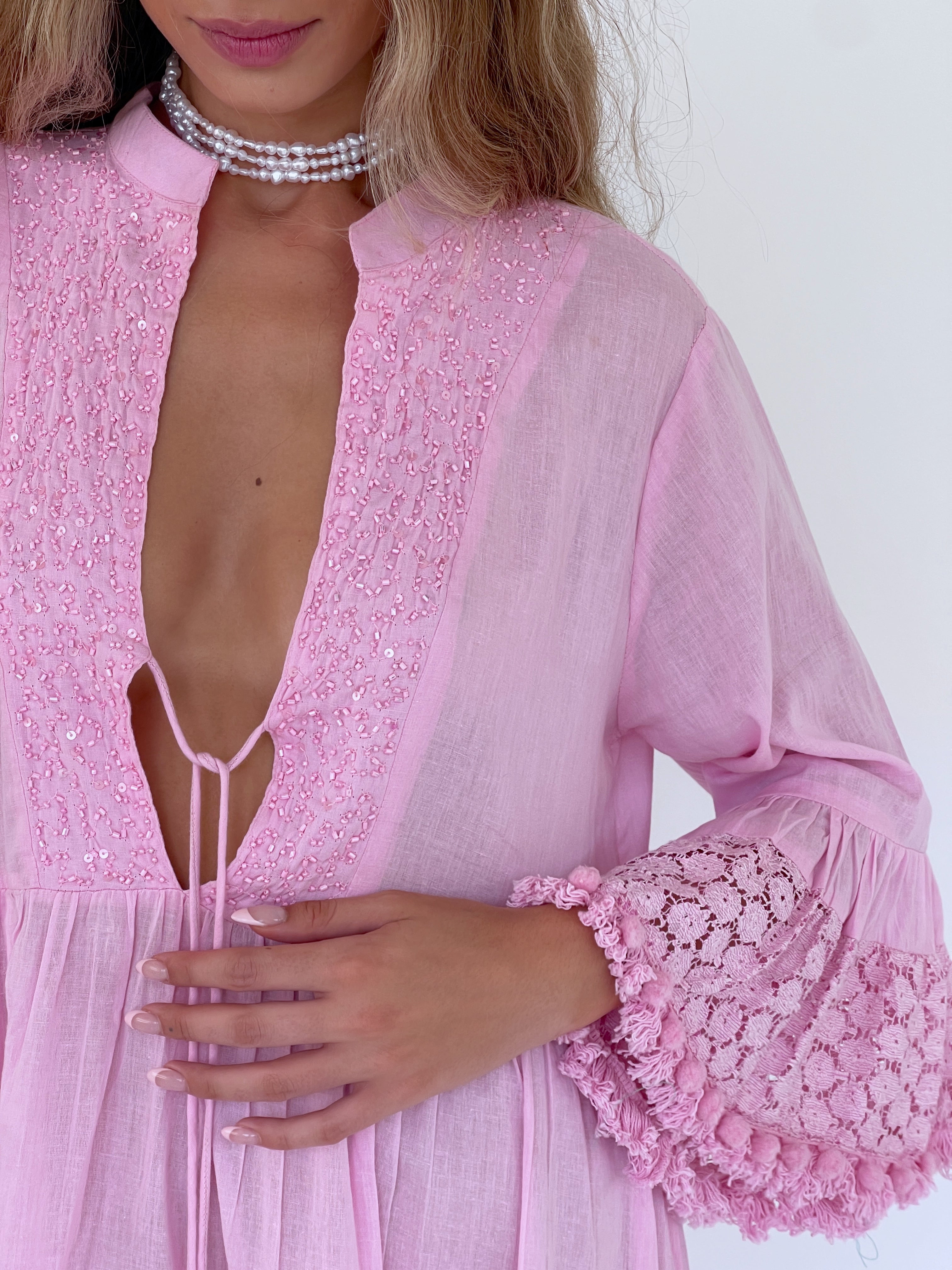 PINK DRESS WITH LACE AND BEADS DETAILS