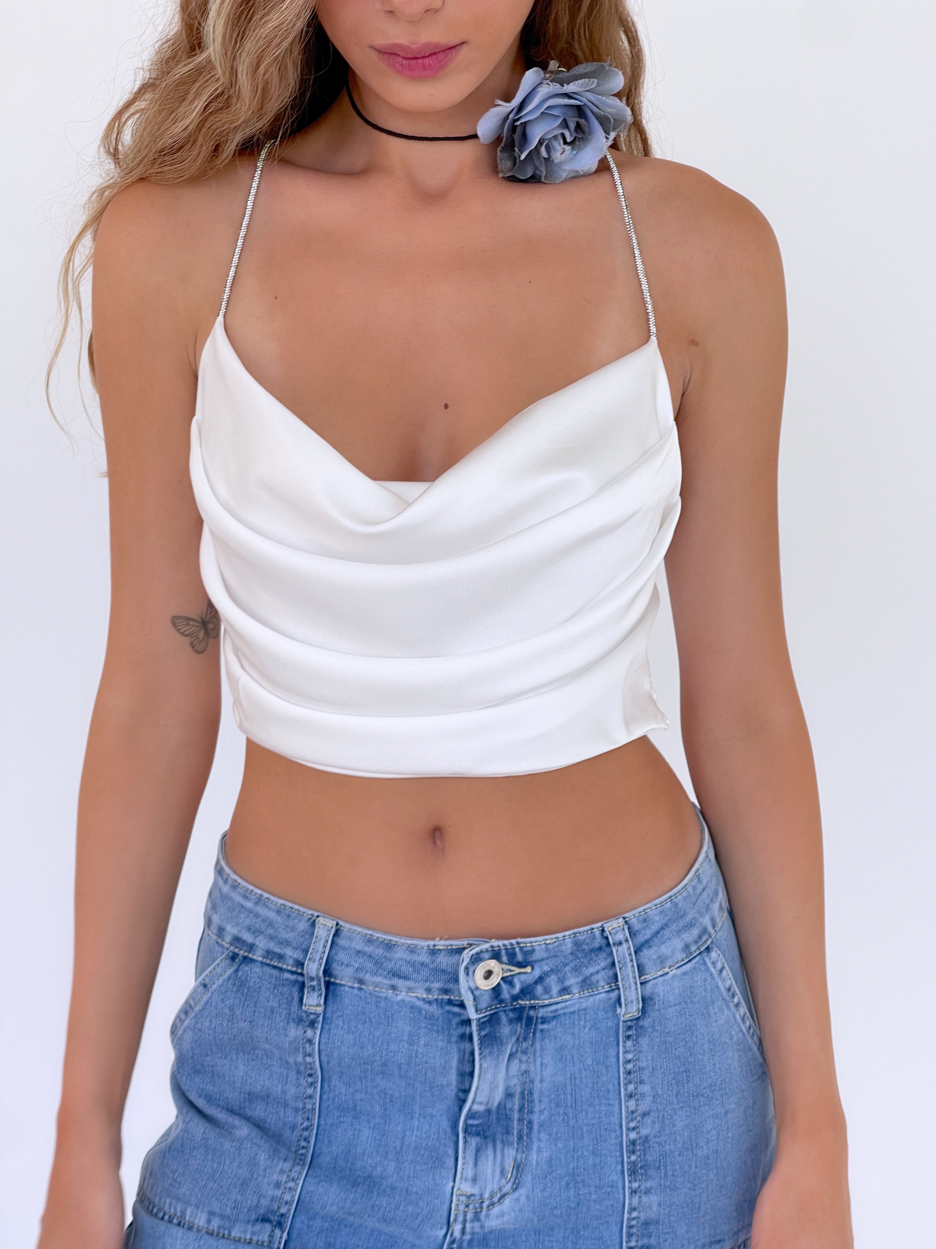 CROPPED SATIN TOP WITH RHINESTONE STRAP