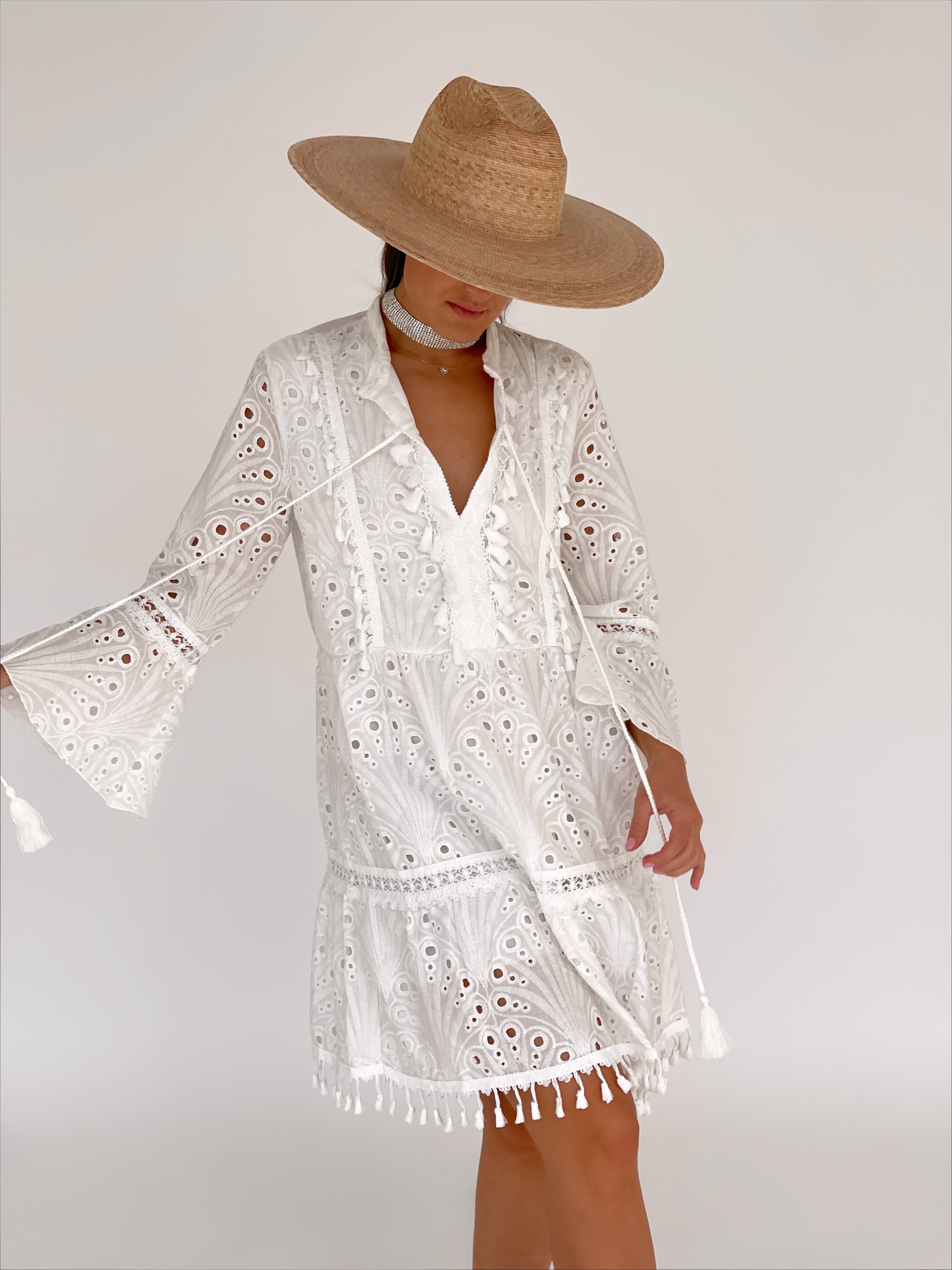 BRODERIE DRESS IN WHITE