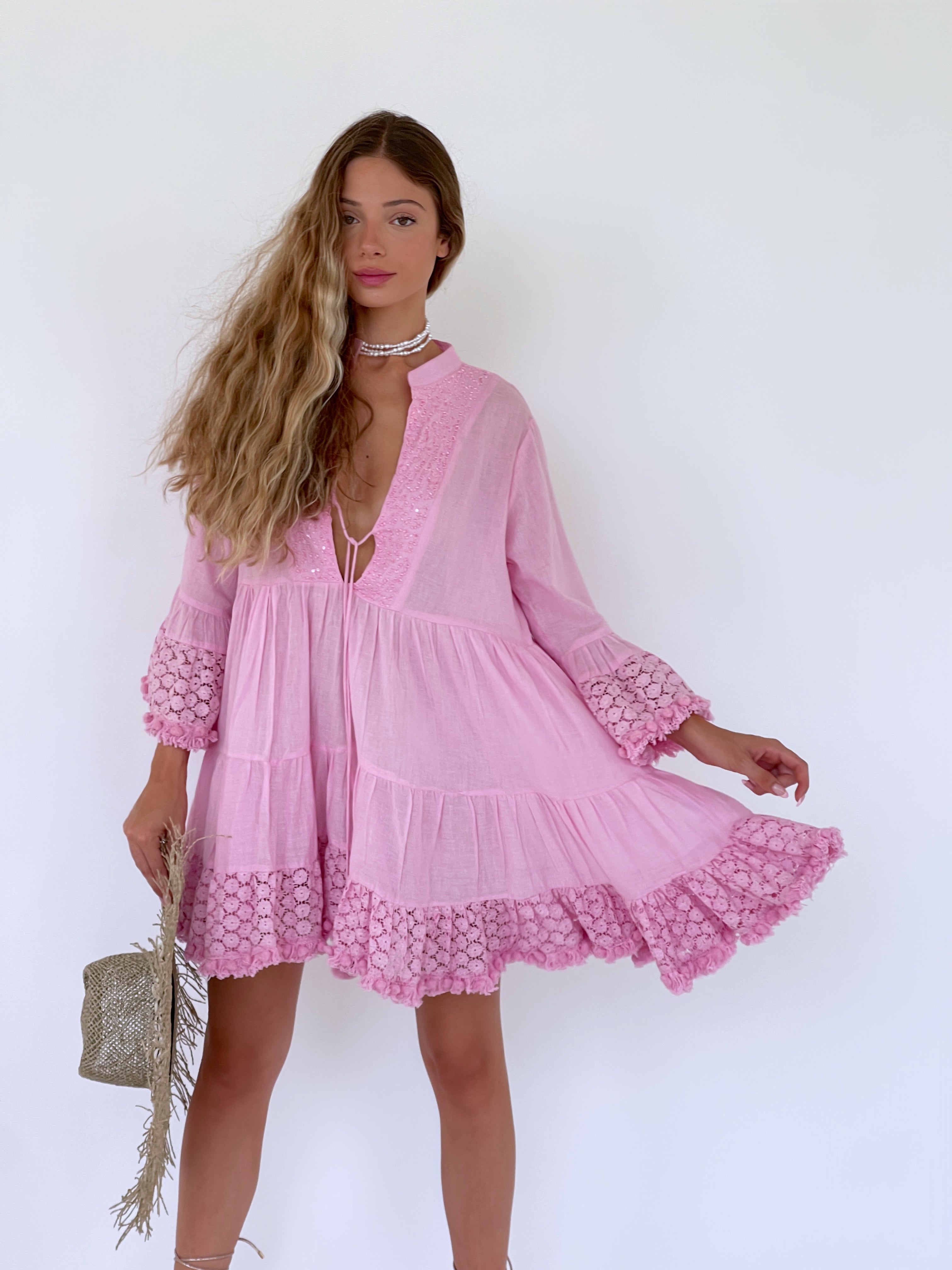 PINK DRESS WITH LACE AND BEADS DETAILS