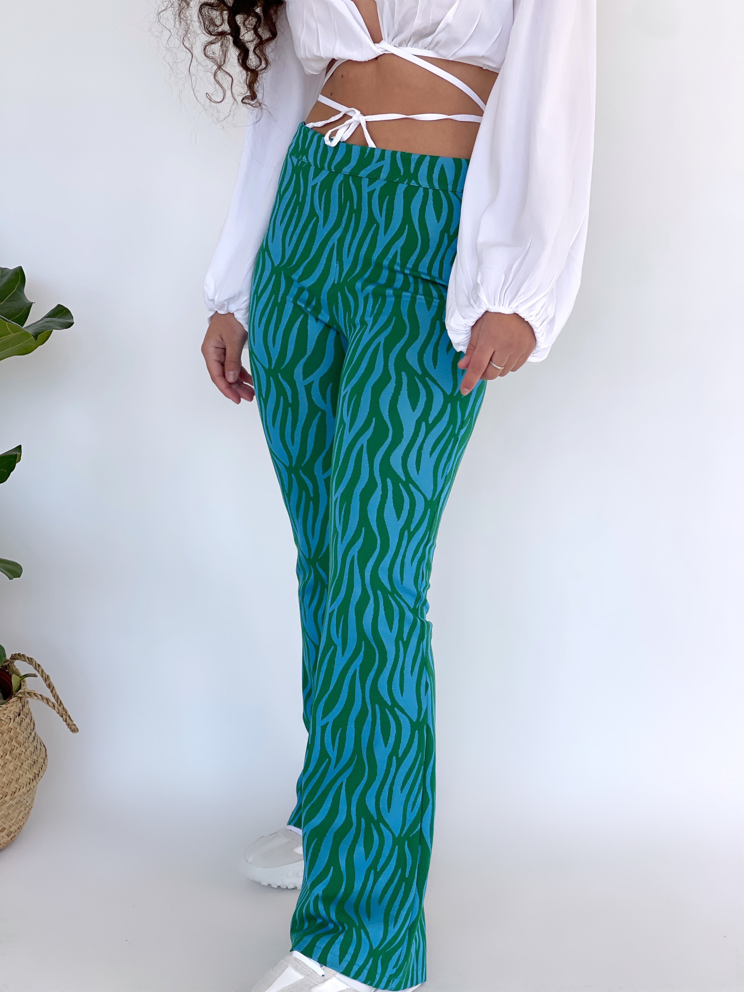 ZEBRA PRINT FLARE TROUSERS IN LIGHT BLUE & GREEN - Trousers - LE TRÉ