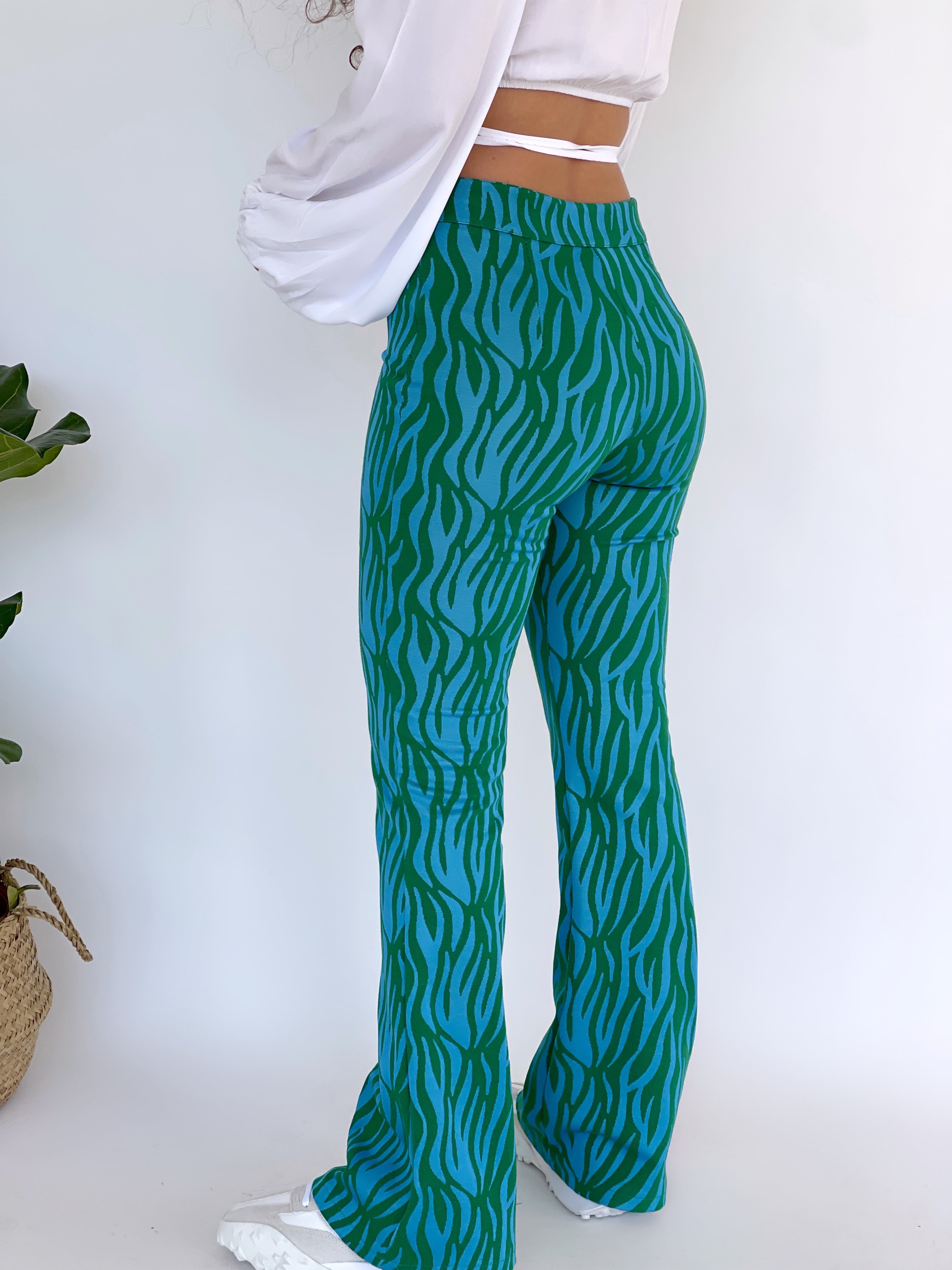 ZEBRA PRINT FLARE TROUSERS IN LIGHT BLUE & GREEN - Trousers - LE TRÉ
