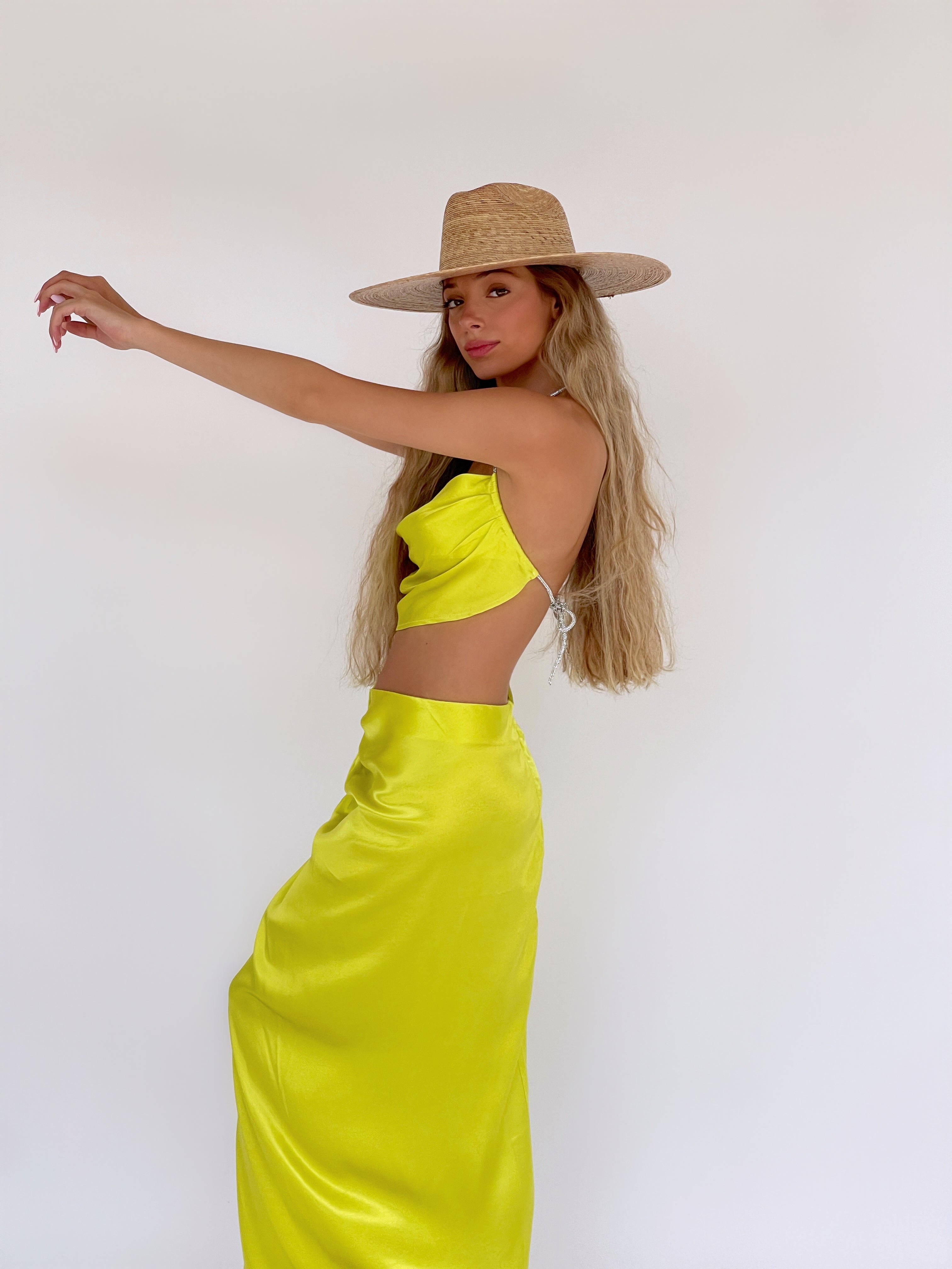 SET-CROPPED SATIN TOP WITH MATCHING SKIRT IN LIME GREEN