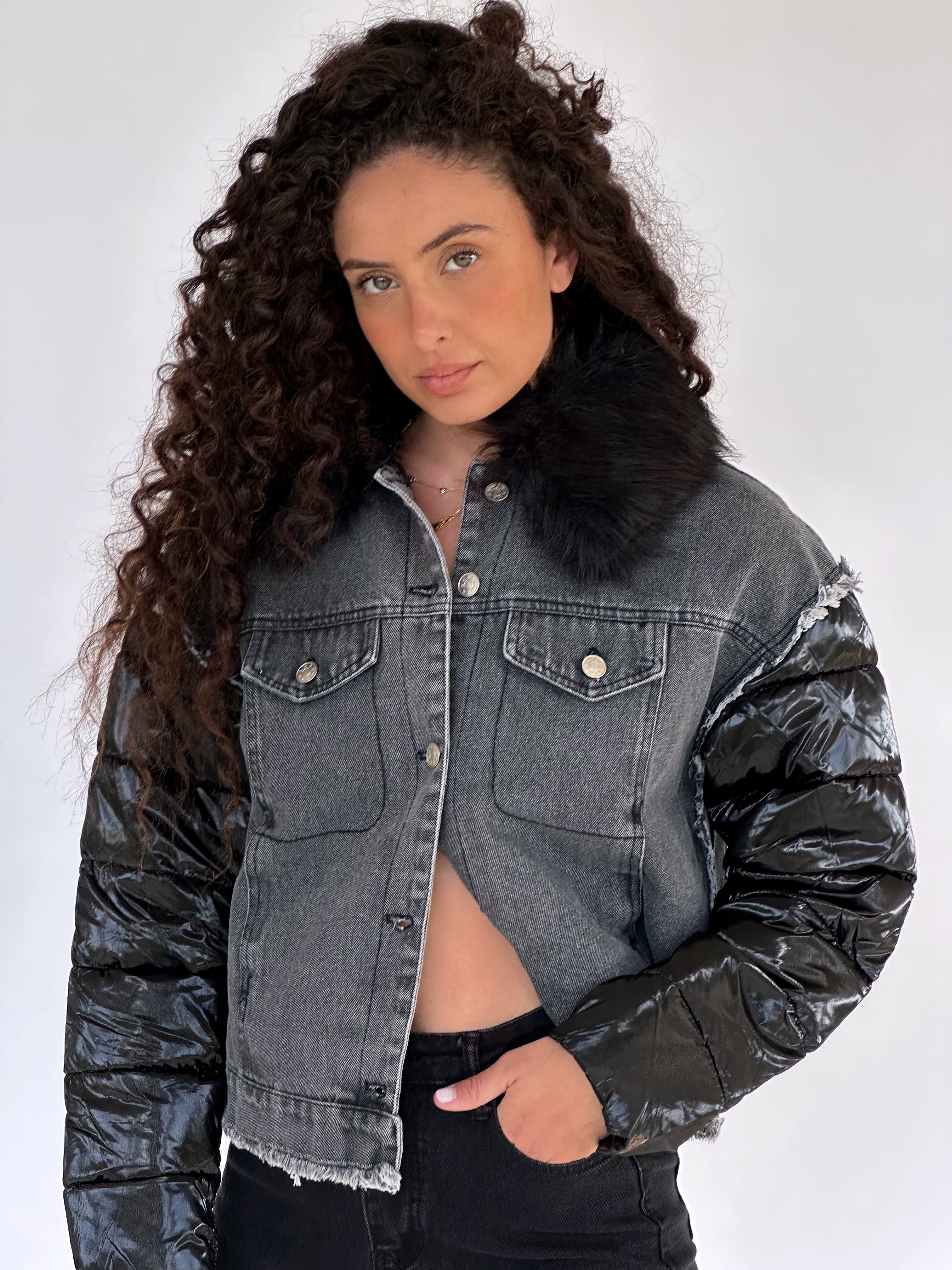 PUFFER COAT WITH DENIM DETAIL AND FAUX FUR COLLAR