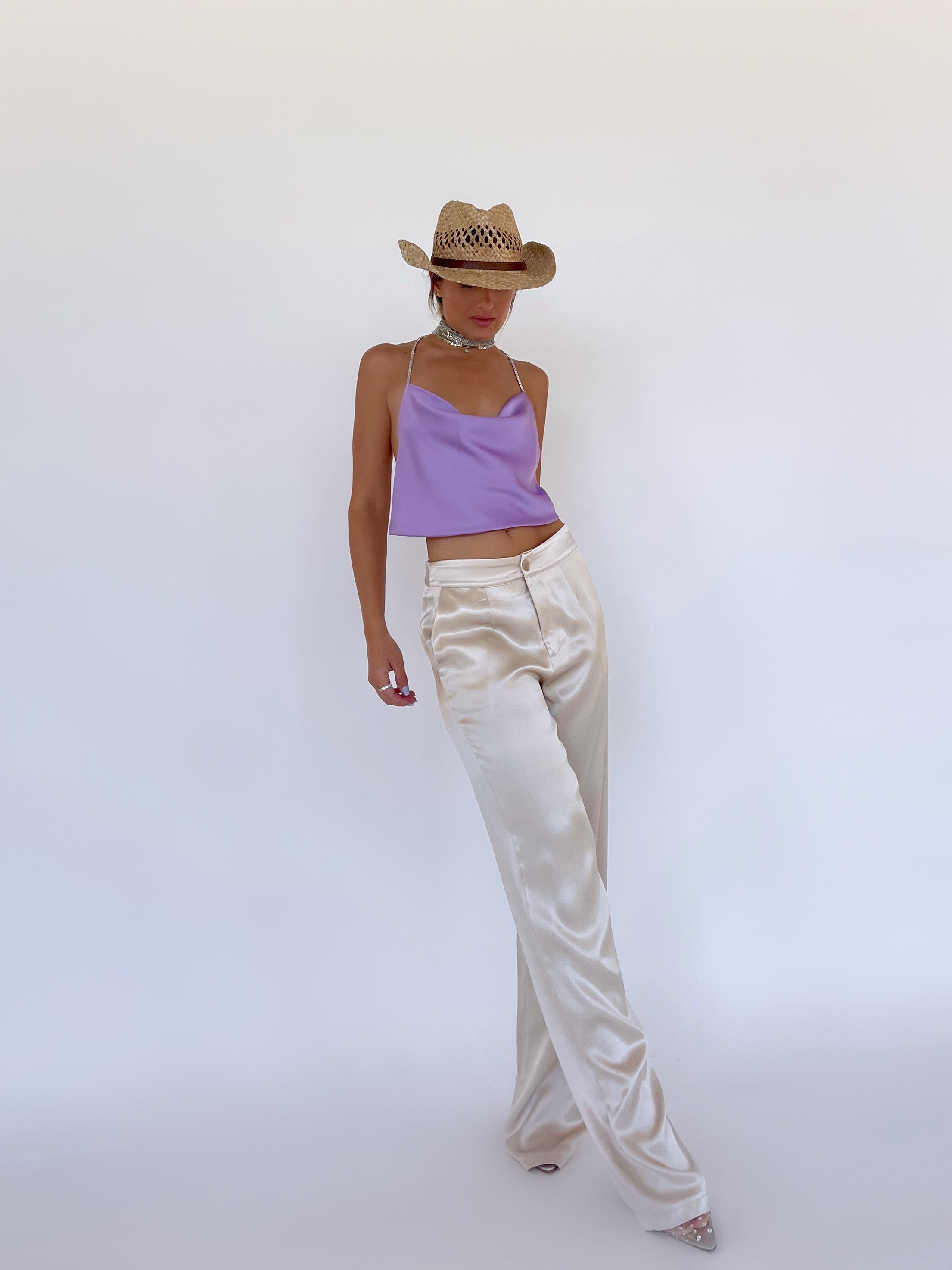 CROP TOP WITH DIAMANTE STRAPS IN LILAC