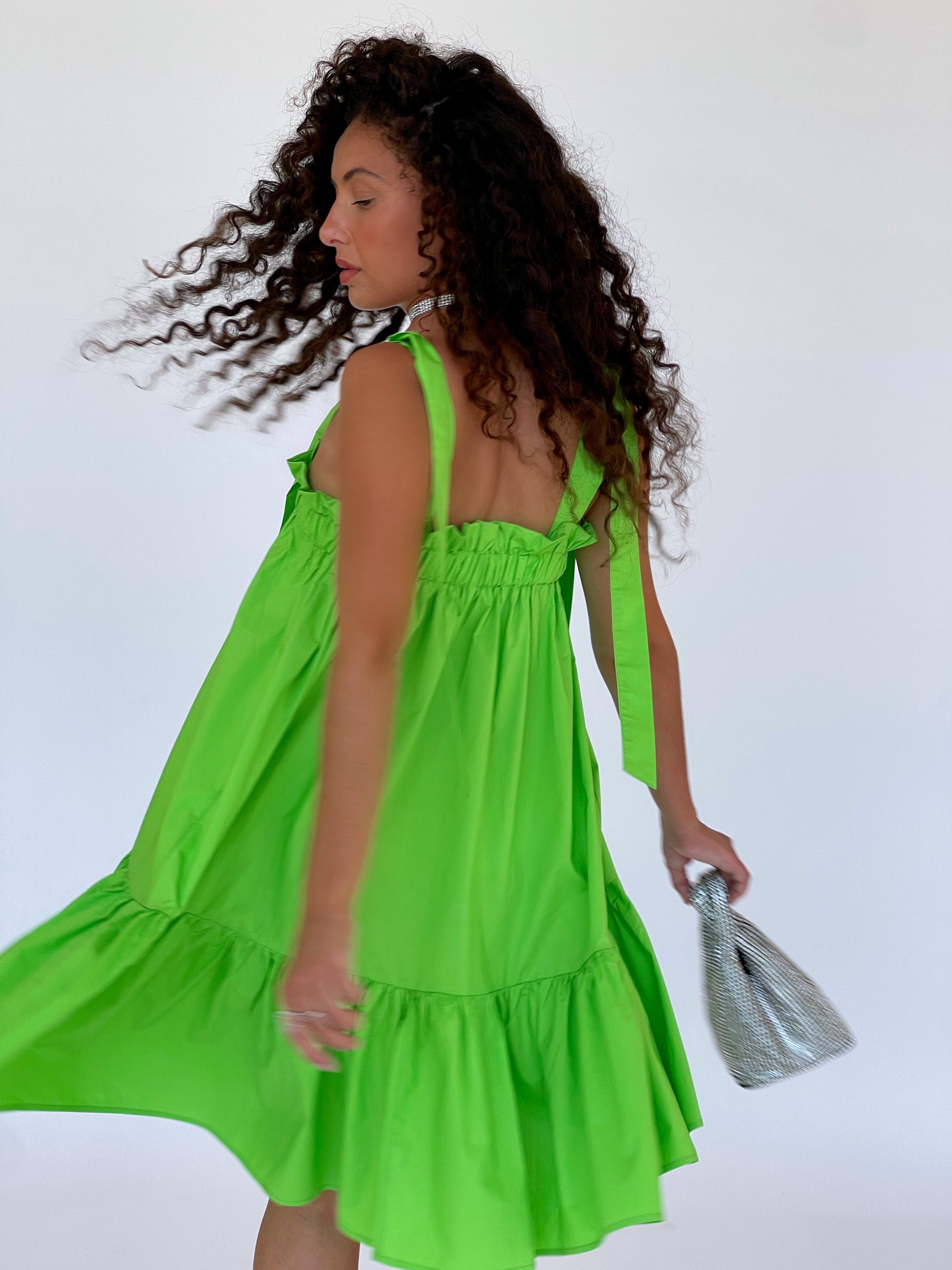 SQUARE NECK COTTON DRESS IN GREEN - Dress - LE TRÉ