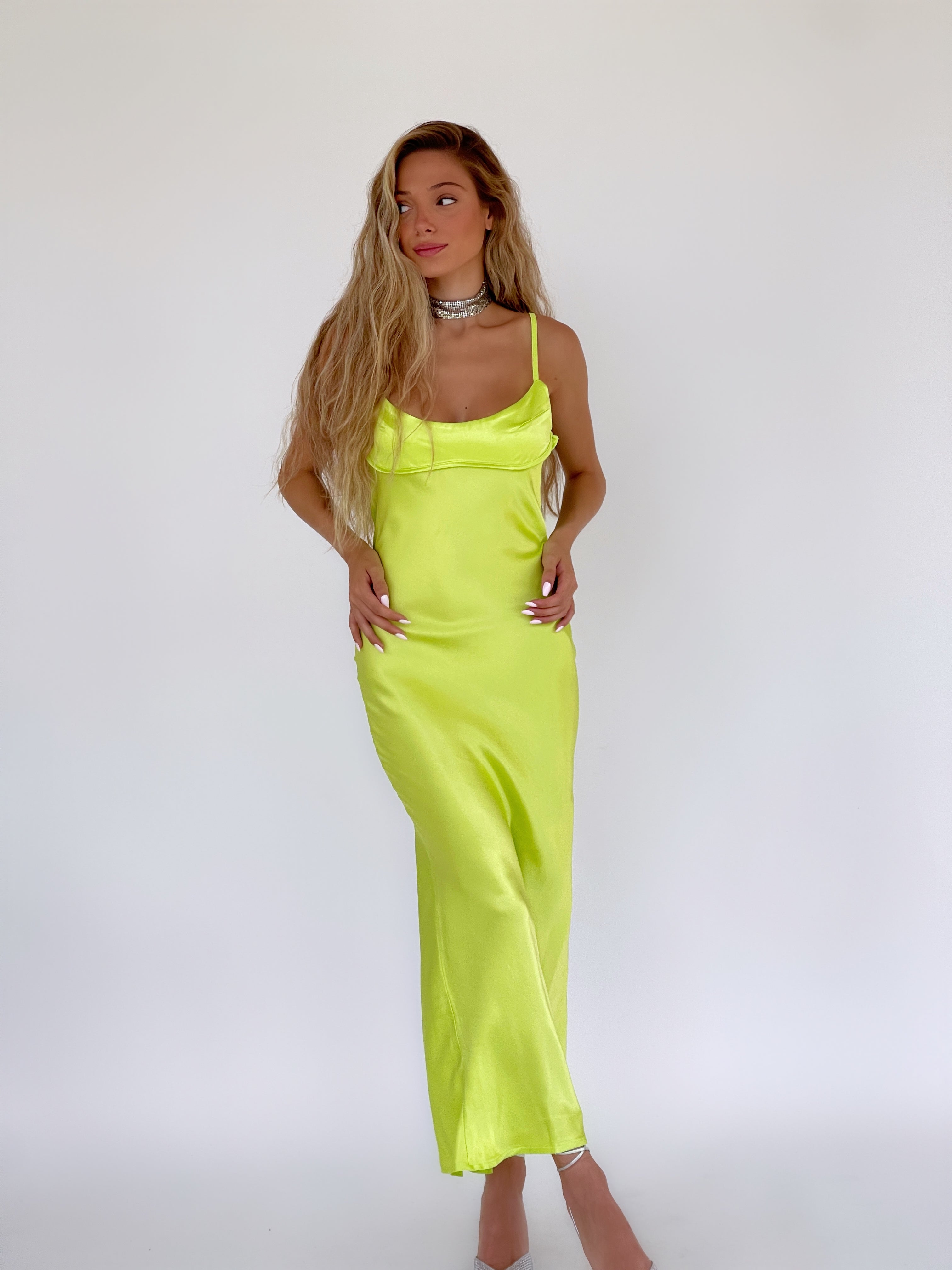 SATIN DRESS WITH CUT OUT IN LIME GREEN