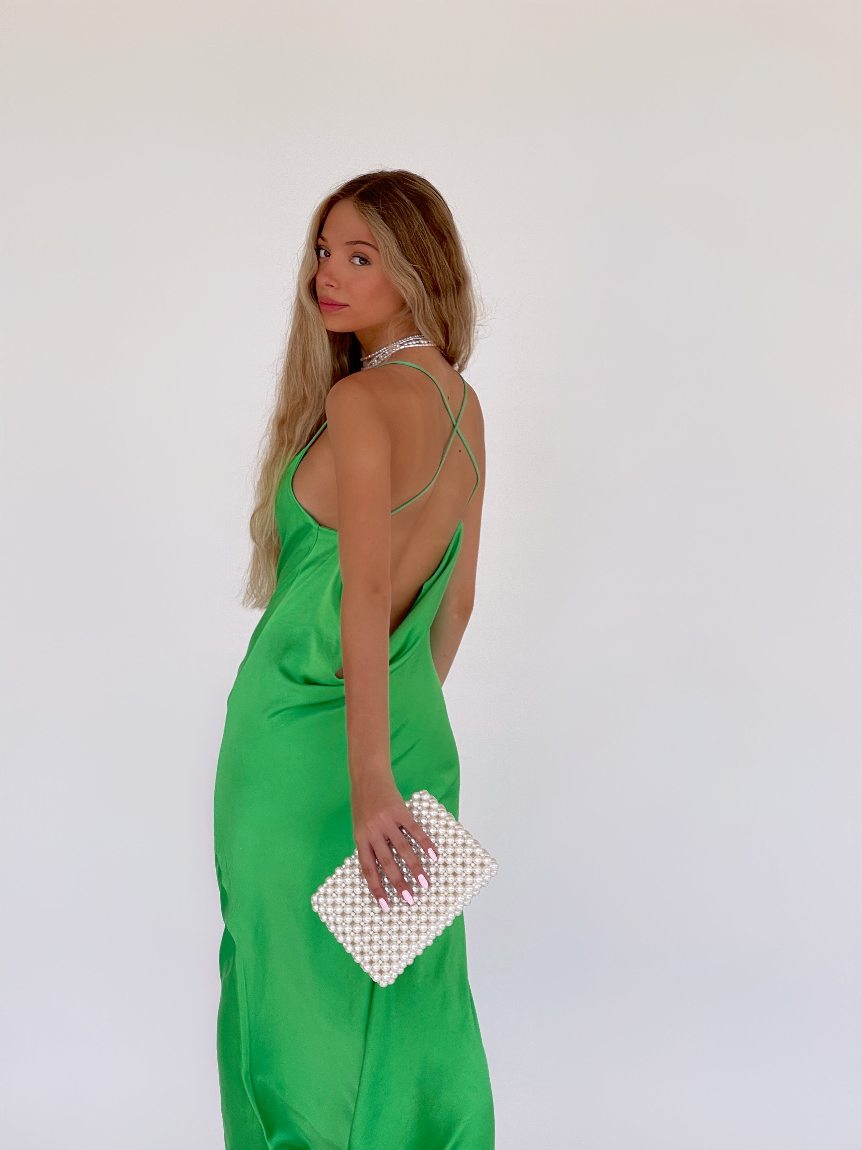 MAXI SATIN DRESS WITH OPEN BACK IN GREEN