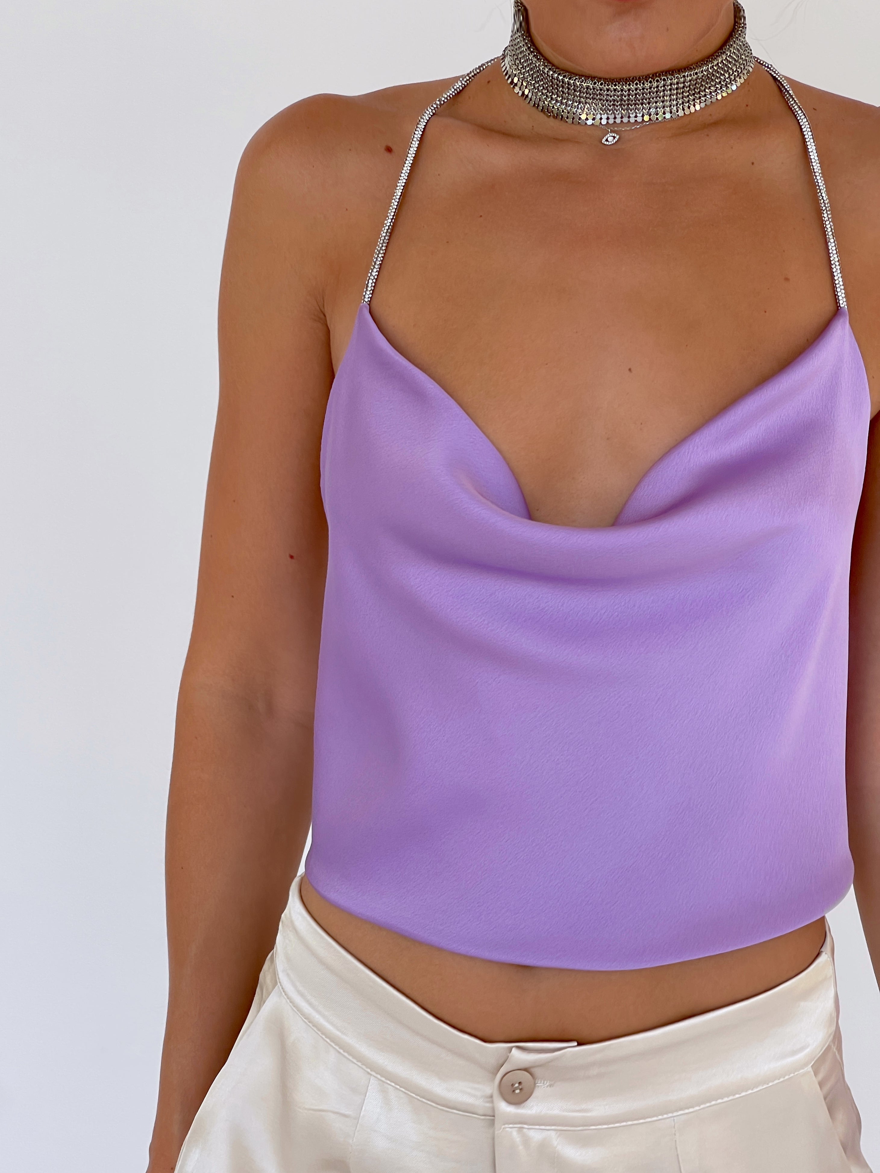 CROP TOP WITH DIAMANTE STRAPS IN LILAC