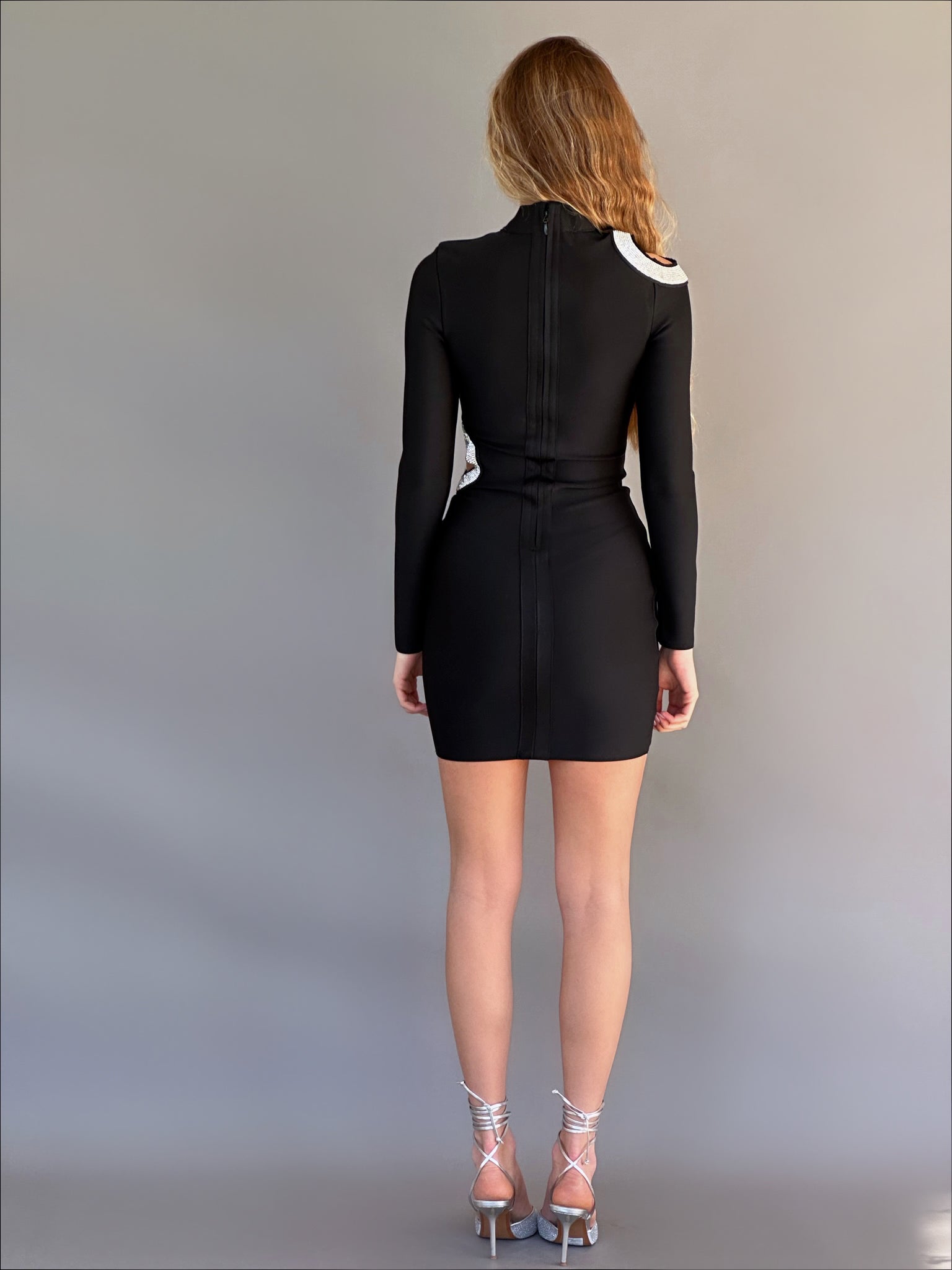 Black Long Sleeve Bodycon Dress With Diamante Detail